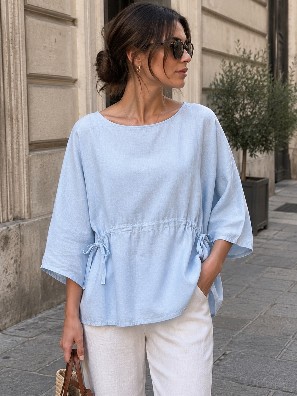 Eileen Fisher Light Blue Tie-Detail Linen Tunic M